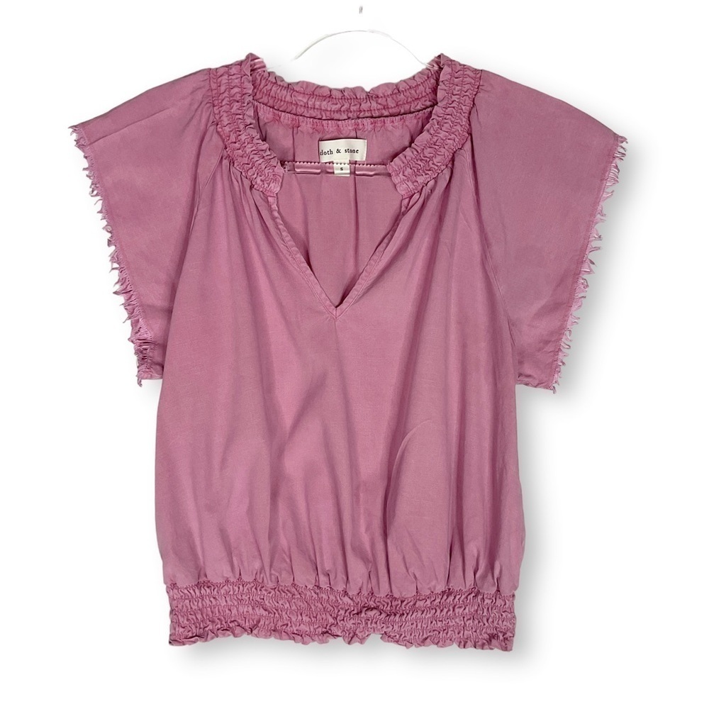 Cloth & Stone Smocked Top Sz S V Neck Frayed Sleeve Boho Feminine Pink